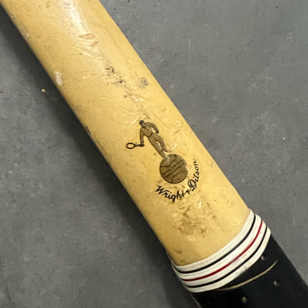 Vintage Wood Green and Ivory Colored Tennis Racquet with Leather Wrapped Handle - Picture 5 of 6
